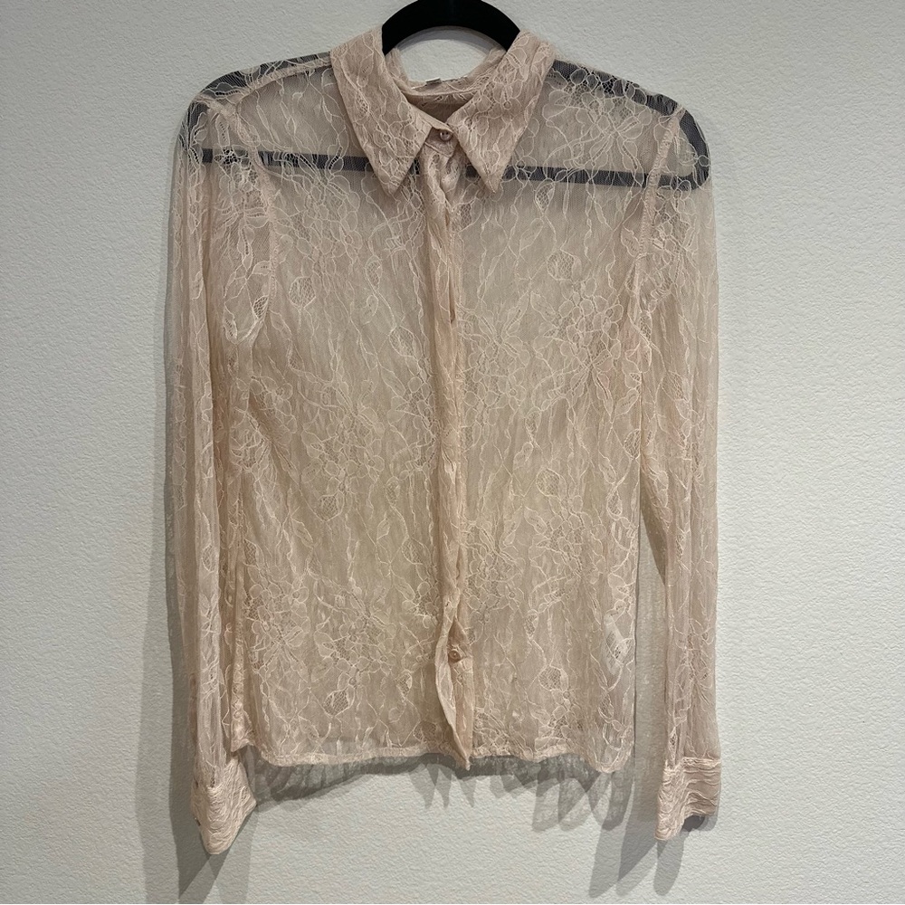 Equipment Femme Lace Sheer Blouse - Cream Button Up Long Sleeve Size‎ M